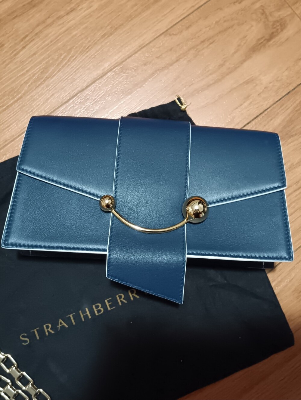 Strathberry Blue Leather Envelope Clutch with Gold Hardware
